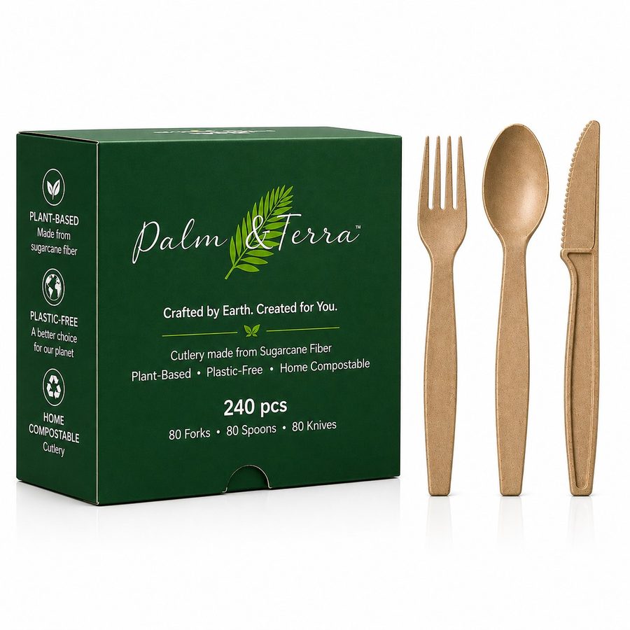 Palm and Terra compostable cutlery set box with fork, spoon and knife