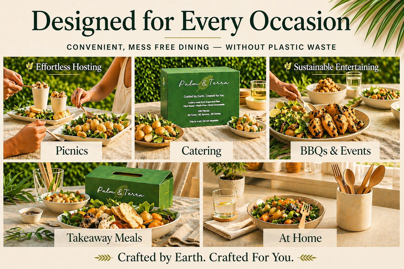 Palm and Terra tableware used across picnics, catering, barbecues, takeaway meals and at home