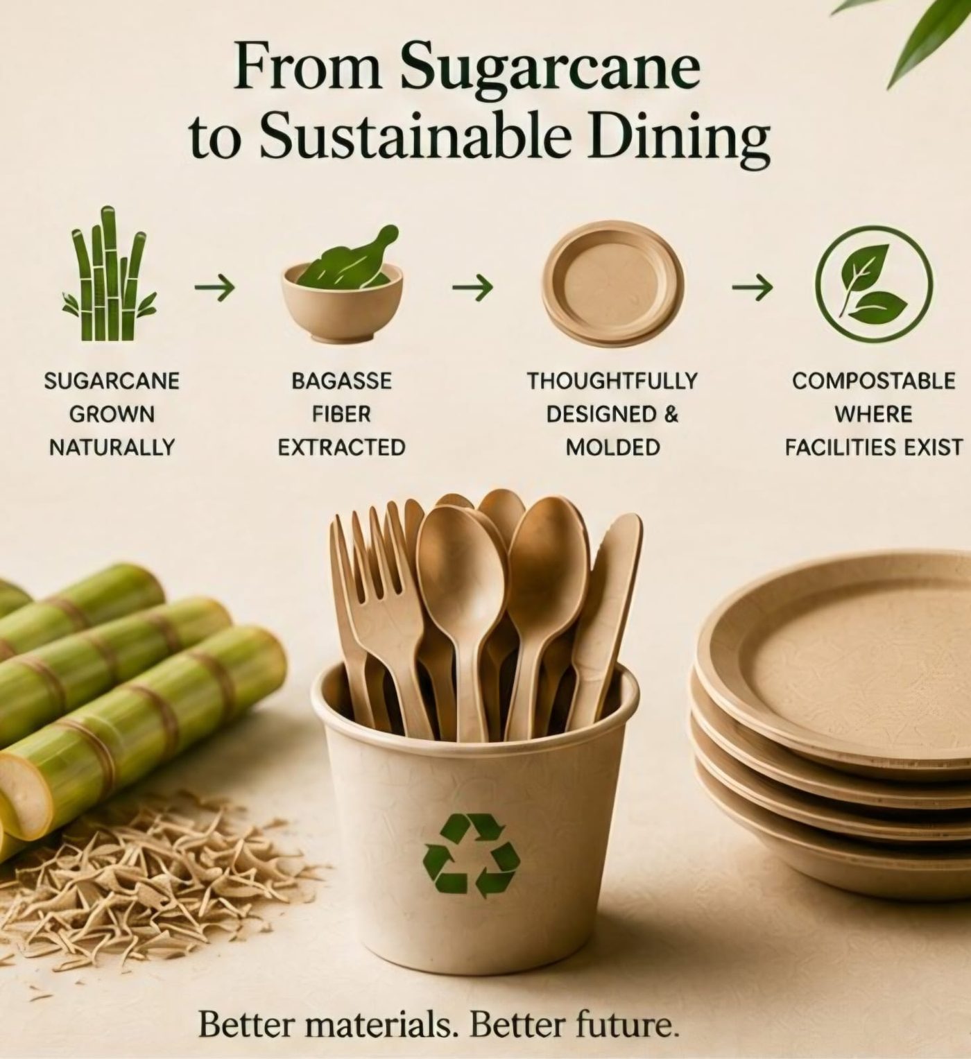 Diagram showing sugarcane processed into bagasse fiber and then into Palm and Terra tableware