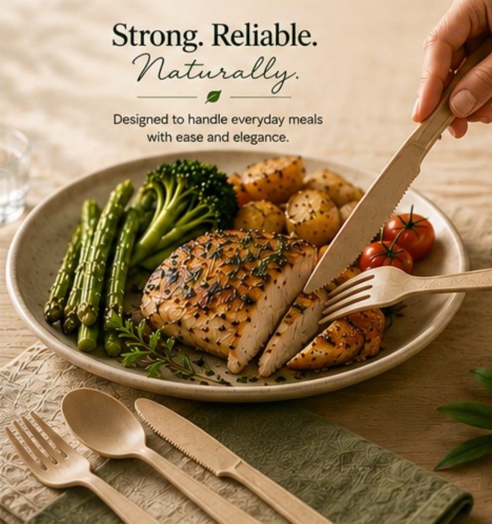 A full plate of chicken and vegetables being cut with Palm and Terra cutlery