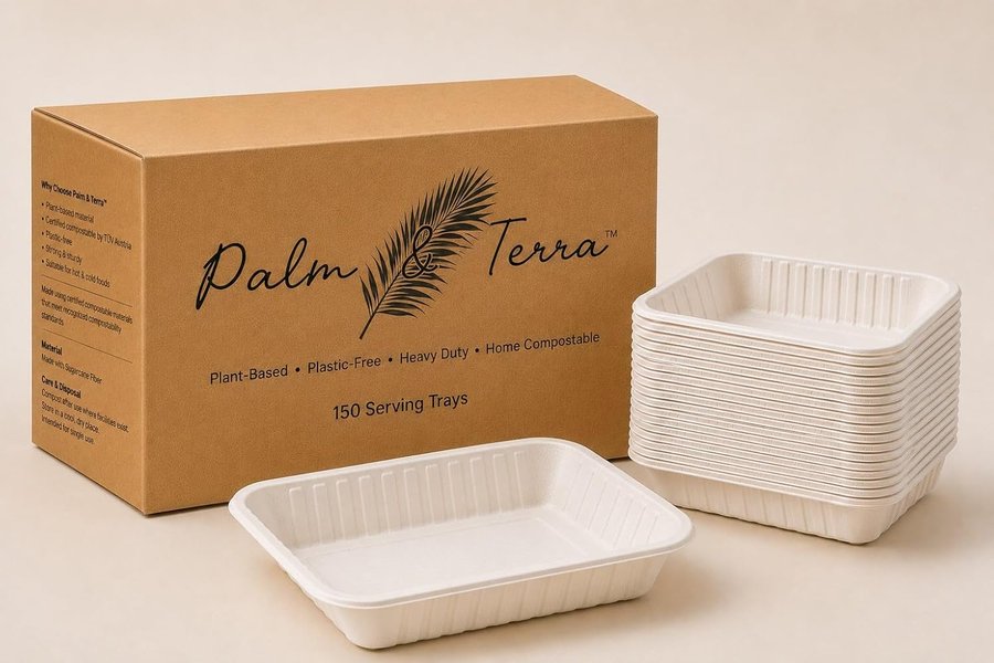 Palm and Terra compostable serving trays with box